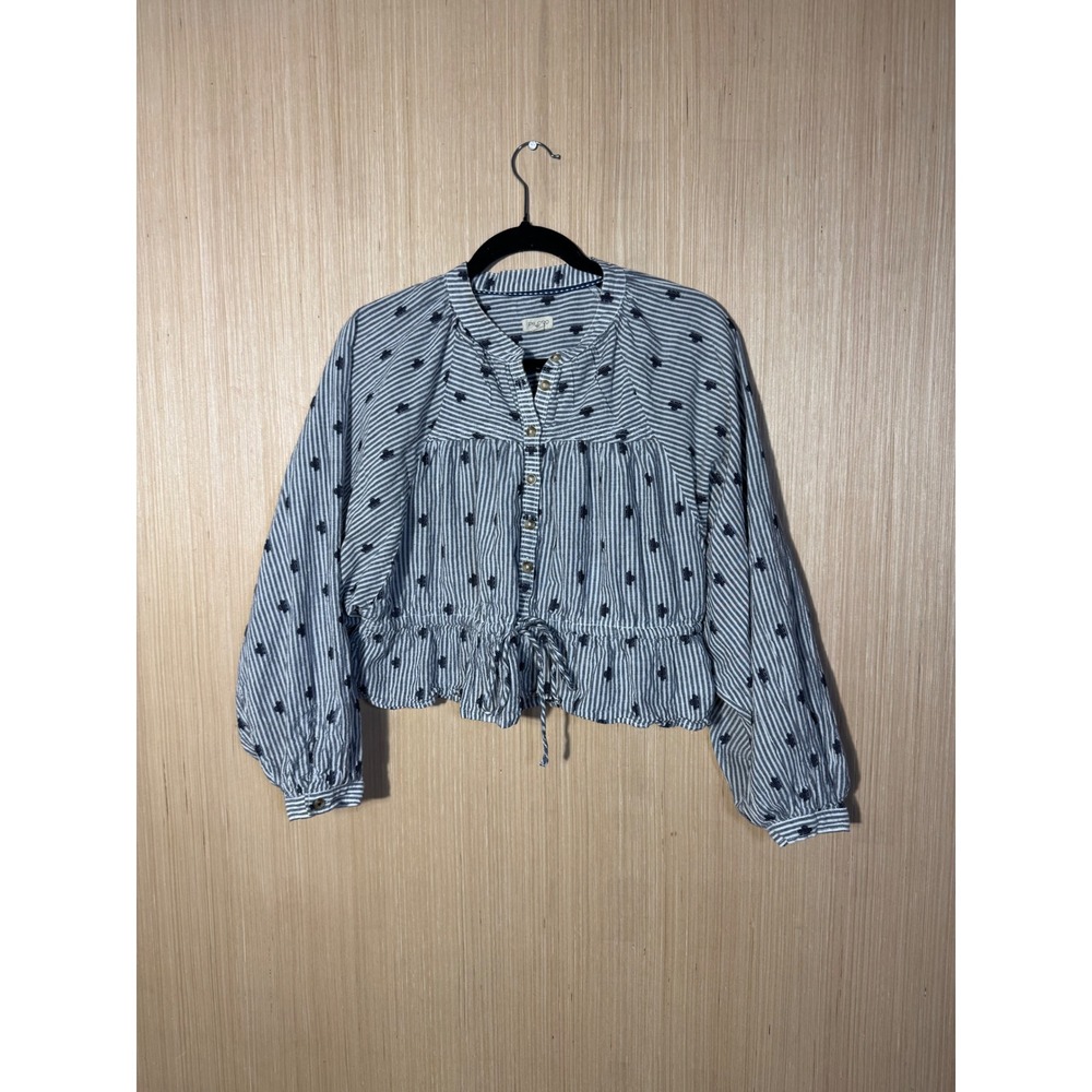 Pilcro Sidney Batwing Womens Blue Embroidered Peplum Blouse Drawstring Waist XL